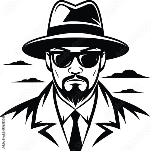 Serious man wearing sunglasses and hat poses with clouds behind his shoulders