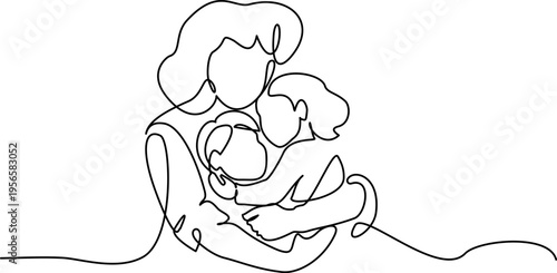 Mother hug her two children. Continuous one line drawing. Line art style hand drawn
