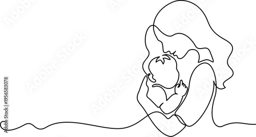 Mother Holding Baby. Continuous One Line Drawing. Motherhood and Family Love.