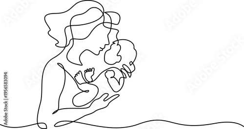 Mother Holding Baby. Continuous One Line Drawing. Motherhood and Family Love.