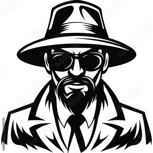 Serious man with beard and sunglasses wearing a fedora style hat and suit