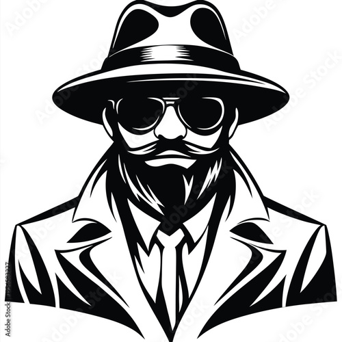 Serious man with fedora, beard, mustache, sunglasses, and coat looks forward