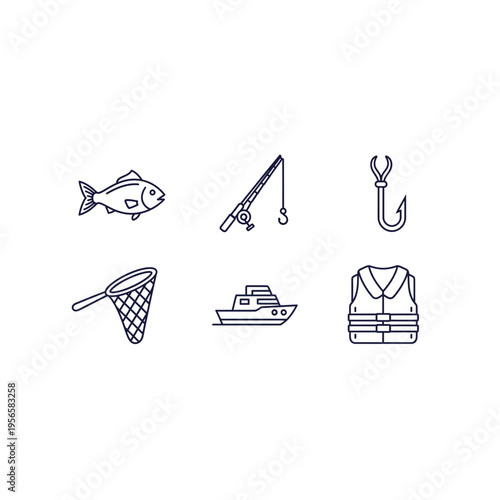 Fishing & Boating Line Icons Set - Outdoor Hobby Gear