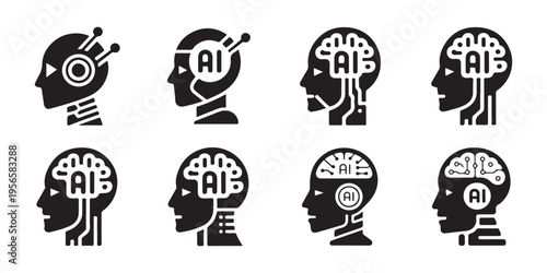 Artificial Intelligence Robot Heads Profile Icons Set. with AI Circuitry. Modern technology flat design vector illustration.