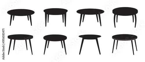 Collection of Modern Minimalist Black Coffee Table and Stool Silhouettes in Flat Design Style vector illustration.