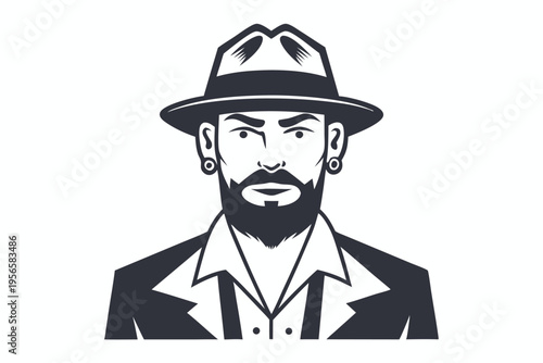 shows serious bearded man wearing a fedora and suit attire