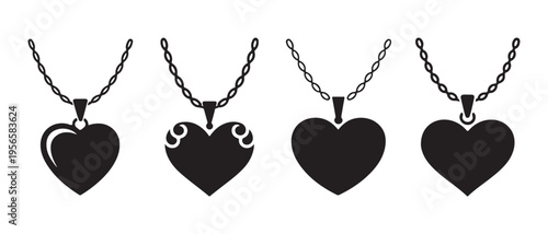 Heart Pendant Necklaces Silhouette Design on Chains, Minimalist Jewelry, Flat Design Vector Illustration.