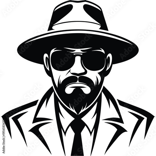 Silhouette depicts a bearded man wearing sunglasses, a hat, and coat in black