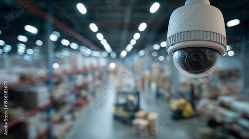 White dome CCTV camera inside large warehouse with blurred storage shelves and logistics activity, modern indoor surveillance security monitoring concept