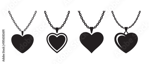 Collection of Four Black Heart Necklace Pendants with Chains, Elegant Flat Design Silhouettes Vector Illustration.