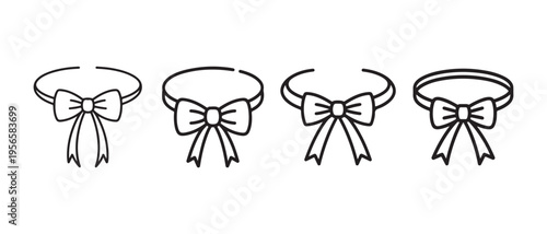 Variety of elegant bow tie and ribbon designs with neckbands in a clean black outline vector illustration.