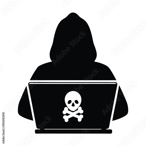 Silhouette figure in hood sits behind a computer with skull and crossbones icon