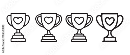 Outline trophy cups with heart icons, representing love, success, and favorite, flat design vector illustration.