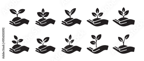 Growing Plants in Hands Icon Set. Environmental Protection, Nature Care, and Sustainable Development Symbols on White Background.