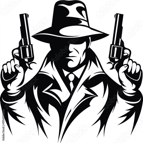 Silhouette man in a fedora and trench coat confidently holds two revolvers forward