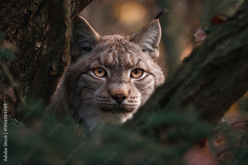 Obraz premium Close-up portrait of a lynx concealed among tree branches in a forest