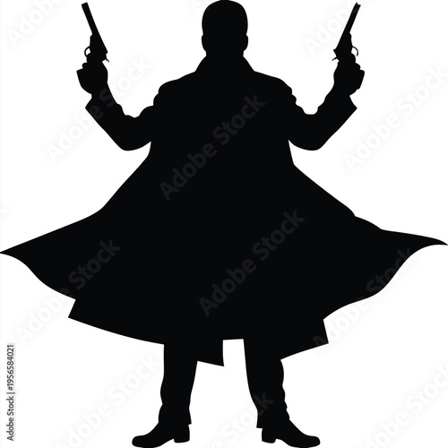 Silhouette of a man in a coat holding two revolvers up high for action