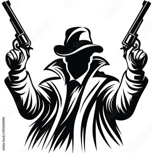 Silhouette of a man in coat and hat is holding two guns upward vigilantly