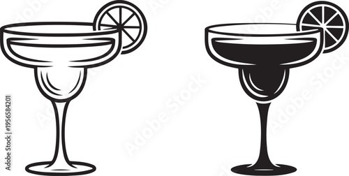 Margarita cocktail glass silhouette & outline set isolated on transparent background