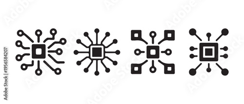 Set of Modern Black Microchip and Processor Icons on White Background Representing Digital Technology and Computing.