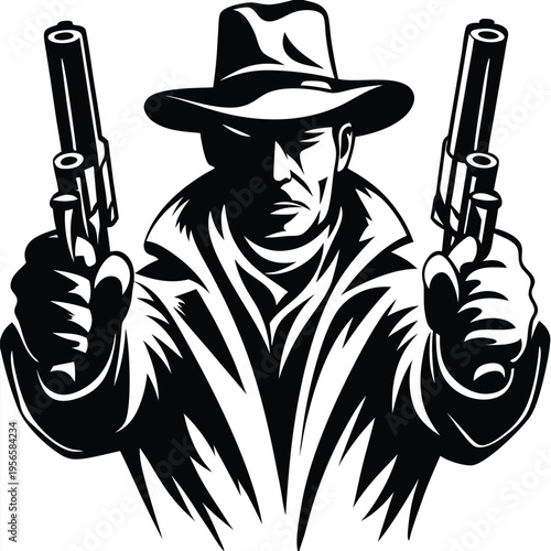 Silhouette of a menacing man in a hat and trench coat holds two guns vigilantly