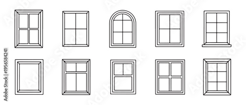 Collection of ten different window design icons in a simple black and white line art style.