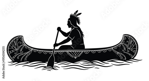 A native american paddling a decorated canoe on water depicted in a striking black silhouette high quality professional detailed modern elegant