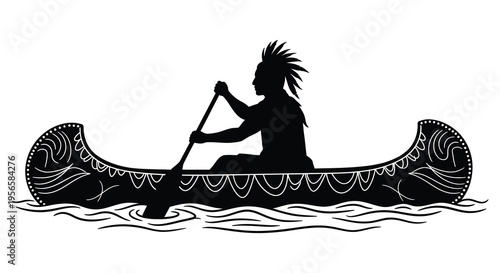 A native american paddling a decorated canoe on water showcasing a striking black silhouette high quality professional detailed modern elegant stylish