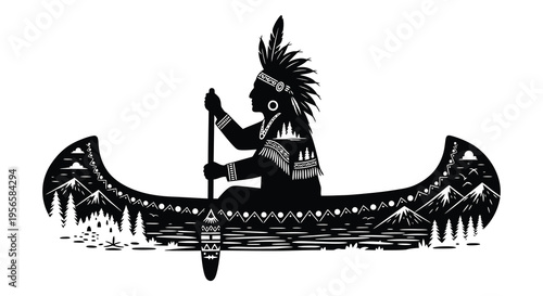 A native american man paddles a canoe amidst mountains and nature rendered as a striking silhouette high quality professional detailed modern