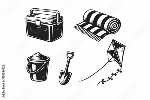  Iconos temáticos de playa en blanco y negro