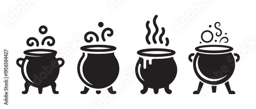 Black Cauldron Icons Set. with Bubbling Potions and Steaming Elixirs. Simple graphic illustrations for magic and Halloween themes.