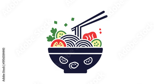 A colorful graphic depicts a bowl of ramen with various toppings presented in a striking silhouette high quality professional detailed modern