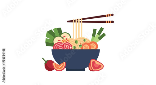 A colorful illustration depicts a bowl of ramen with various toppings and chopsticks creating a flat silhouette high quality professional detailed