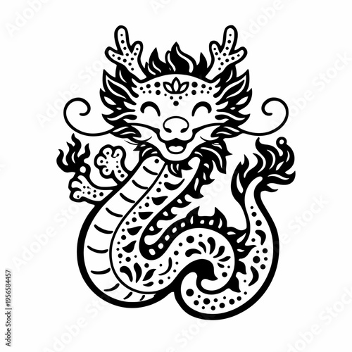 Dragón chino estilizado en blanco y negro
