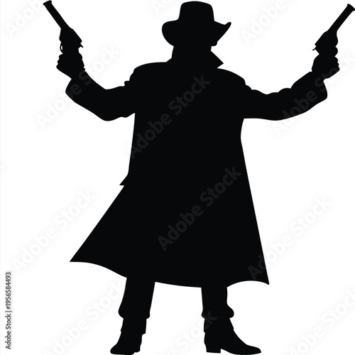 Silhouette of a cowboy with a duster coat boldly holding two revolvers in the air