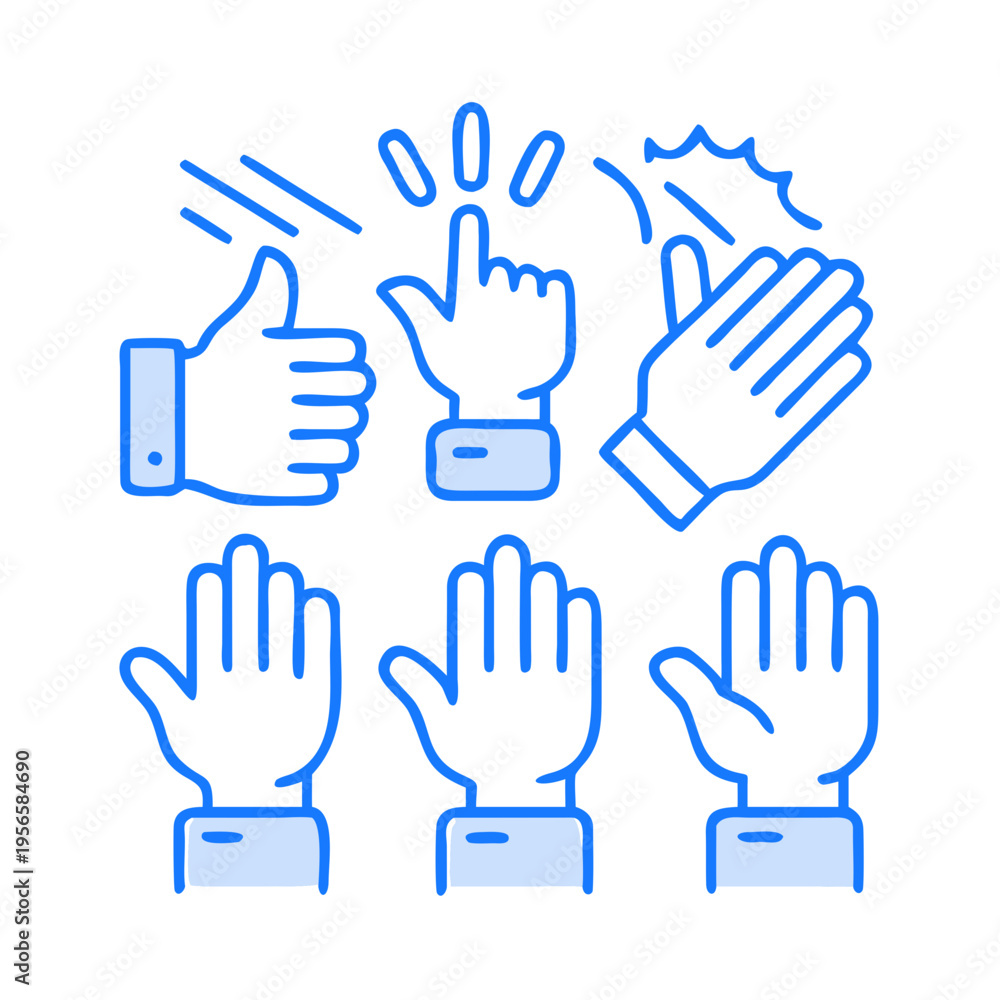 Fototapeta premium Minimal Blue Line Hand Gesture Icon Set – Clapping, Thumbs Up, Applause Vector Collection