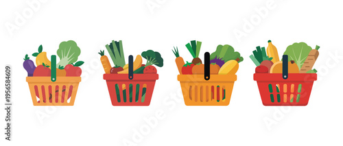 Colorful shopping baskets filled with a variety of fresh organic vegetables and fruits.