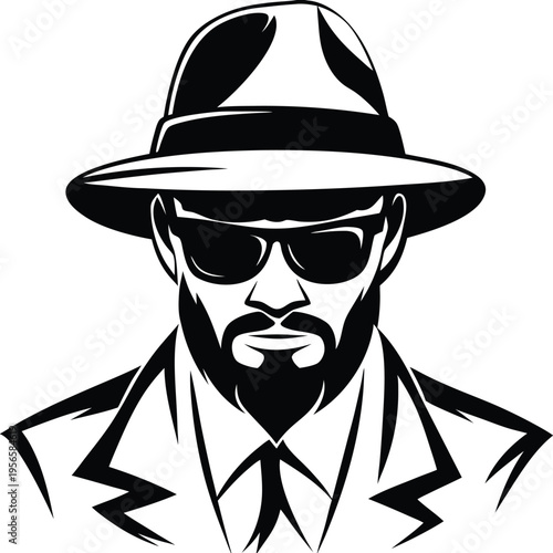Silhouette of cool detective sporting a hat and sunglasses presents a stark black look
