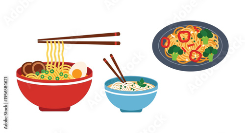 Colorful illustration of ramen and noodle bowls with chopsticks a half boiled egg and vegetable garnish silhouette high quality professional detailed