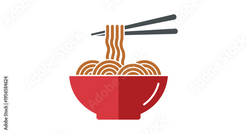 A vibrant illustration of noodles in a red bowl with chopsticks presented as a flat design silhouette high quality professional detailed