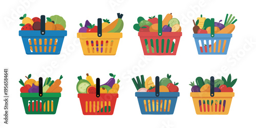 Vibrant Shopping Baskets Filled with Fresh Fruits and Vegetables. Healthy Grocery Collection, Flat Design.