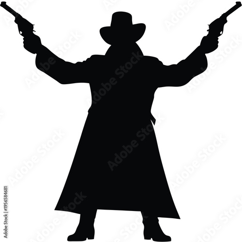 Silhouette of cowboy wearing a duster raises revolvers against the light in western style