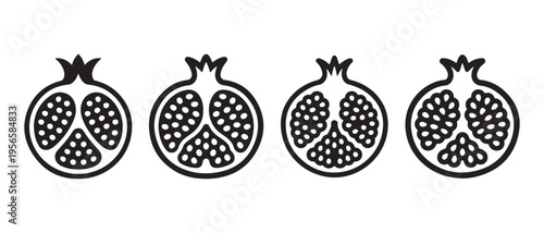 Pomegranate Half Icons Set. Black Line Art Illustration of Cut Fruits with Seeds on White Background.