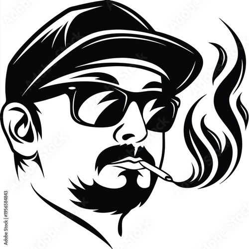 Silhouette portrait of a bearded man wearing sunglasses and a cap smoking cigarette