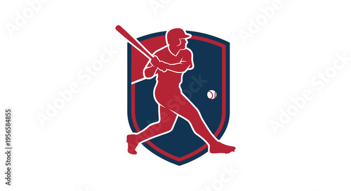 A stylized depiction of a baseball player swinging a bat within a shield shaped emblem a striking silhouette high quality professional detailed