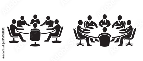 Business Meeting Icon Set. People Collaborating Around a Round Table for Teamwork Discussion.