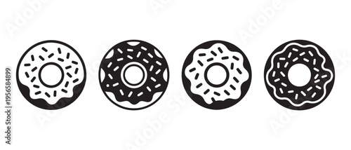 Minimalist Donut Icons with Sprinkles on White Background, Black and White Outline Illustrations of Sweet Treats.