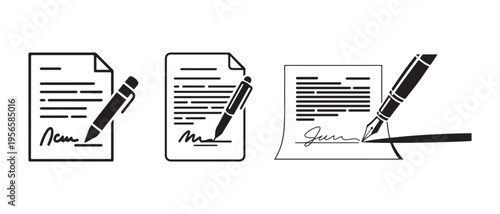 Official Document Signing Icon Set. Business Contract Agreement with Pen and Signature, Flat Line Art Illustration.