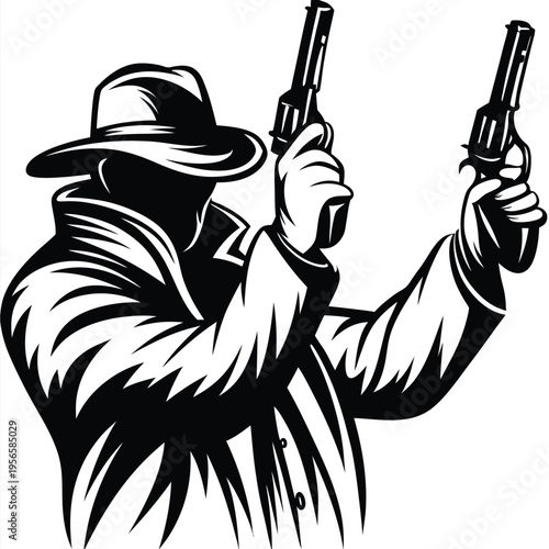Silhouette shows an anonymous man wearing a trench coat and hat holding two pistols