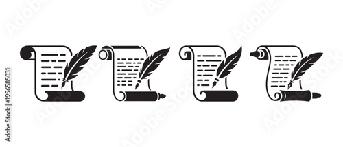 Minimalist Scroll Paper and Feather Quill Icons for Writing, Documentation, Literature, and Historical Themes.